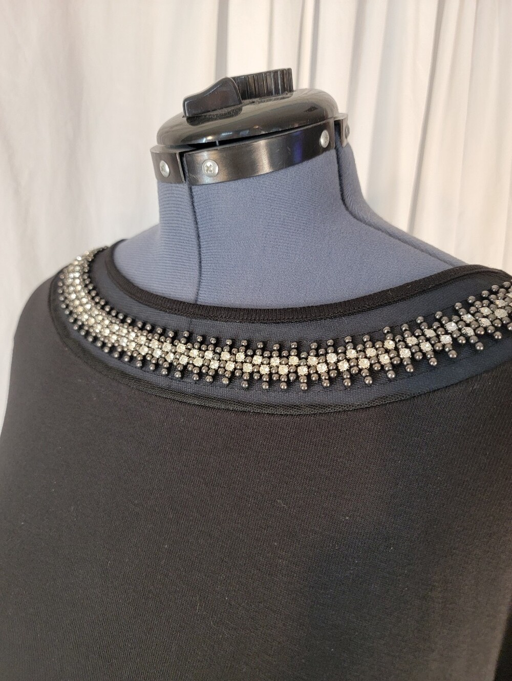 Black Embellished Crewneck Women's Knit Top with Rhinestone & Beaded Detail